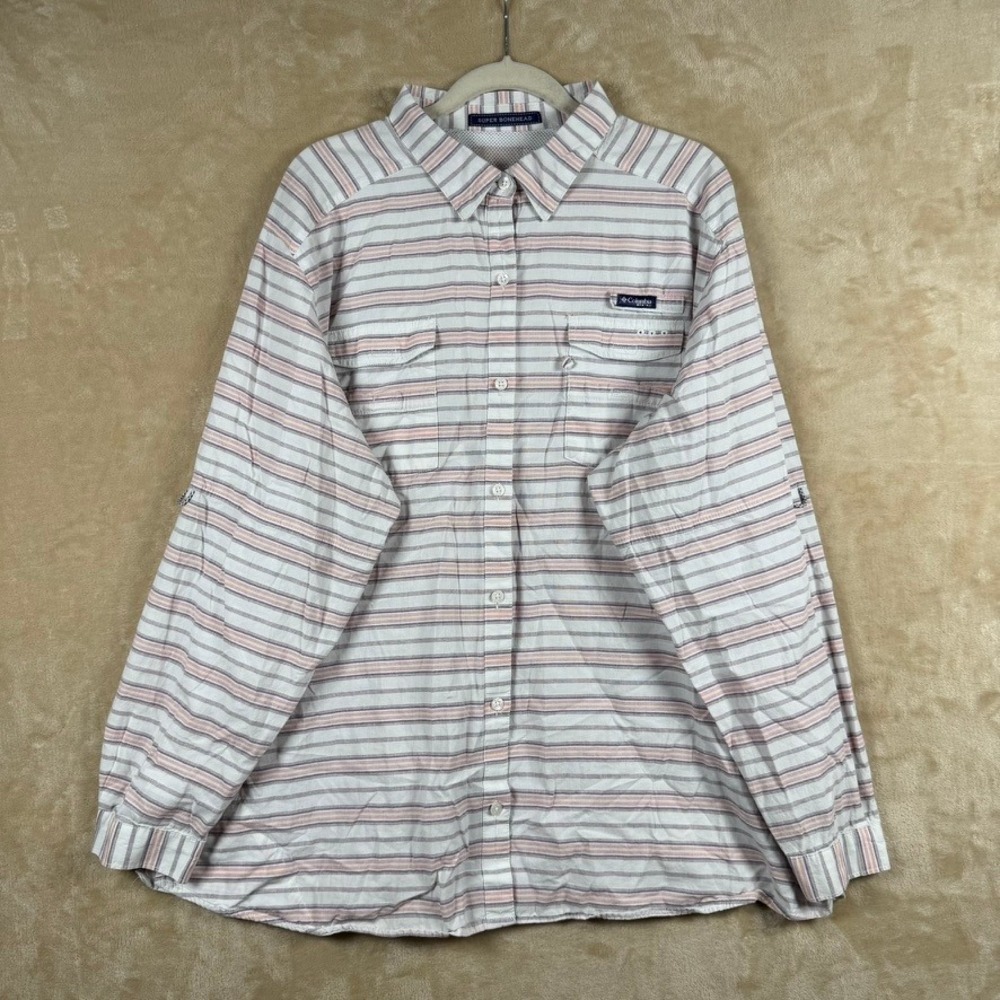 Columbia PFG Super Bonehead Mens XL Striped Long Sleeve Fishing Shirt White Pink